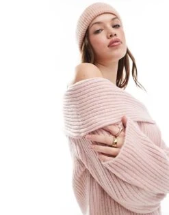 New Look Ribbed Bardot Jumper In Light Pink For Women