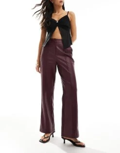 New Look Wide Leg PU Trouser In Dark Burgundy For Women