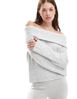 New Look Ribbed Bardot Jumper In Grey For Women