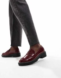 New Look Wide Fit Chunky Loafer With Stitching In Burgundy For Women