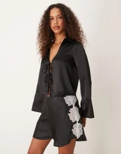 New Look Satin Tie Front Top In Black For Women