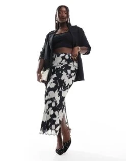 New Look Plus New Look Curve Blurred Floral Mesh Midi Skirt In Black For Women Brown