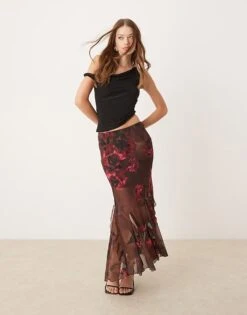 New Look Ruffle Chiffon Midi Skirt In Brown Rose Print For Women