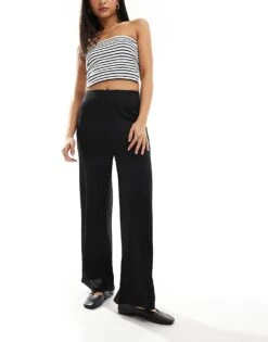 New Look Ribbed Wide Leg Trousers In Black For Women