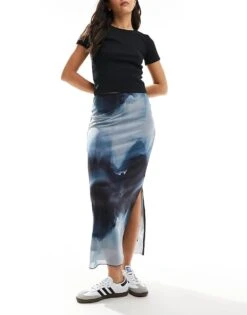 New Look Mesh Midi Skirt In Blue Pattern For Women Mid Blue