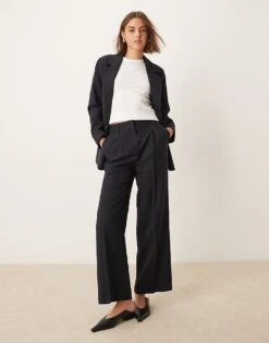 New Look Wide Leg Pinstripe Tailored Trouser Co-ord In Navy For Women