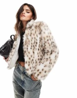 New Look Faux Fur Coat In White Leopard Print For Women
