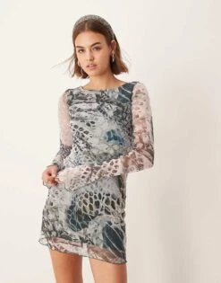 New Look Mesh Long Sleeve Mini Dress In Snake Print For Women Grey