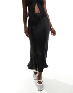 New Look Satin Bias Midi Skirt In Black For Women