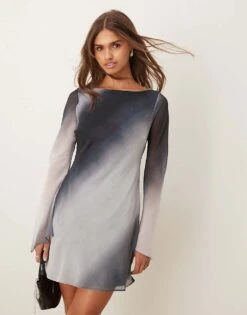 New Look Flare Sleeve Ombre Chiffon Mini Dress In Grey For Women