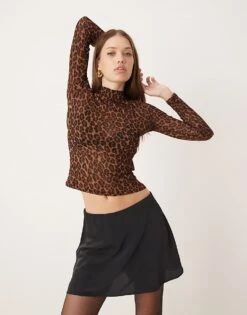 New Look Mesh Stand Neck Long Sleeve Top In Leopard Print For Women Brown
