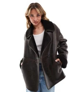 New Look Open Collar Bonded Jacket In Washed Brown For Women