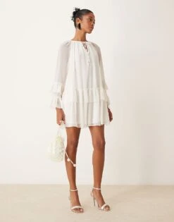 New Look Ruffled Chiffon Mini Dress In Cream For Women