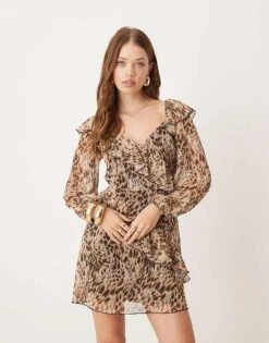 New Look Frill Chiffon Mini Dress In Leopard Print For Women Brown