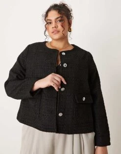 New Look Plus New Look Curve Boucle Cropped Jacket In Black For Women