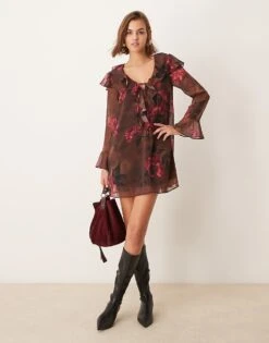 New Look Floral Ruffle Tie Neck Mini Dress In Brown Print For Women