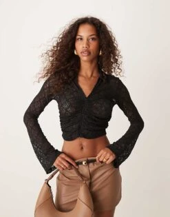 New Look Lace Zip Through Shirt In Black For Women