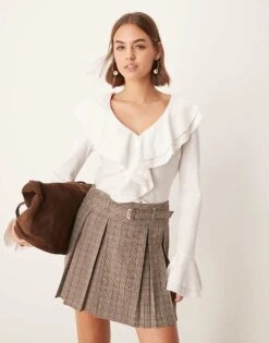 New Look Check Pleated Mini Skirt With Belt In Brown For Women