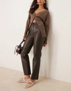 New Look PU Straight Leg Trousers In Washed Brown For Women Burgundy