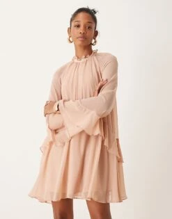 New Look Ruffle High Neck Mini Dress In Pale Pink For Women