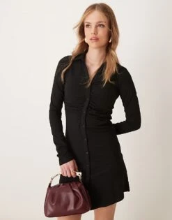 New Look Ruched Long Sleeve Shirt Mini Dress In Black For Women