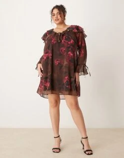 New Look Plus New Look Curve Ruffle Mini Dress In Brown Floral For Women
