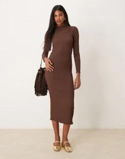New Look Crinkle Long Sleeve Midi Dress In Brown For Women