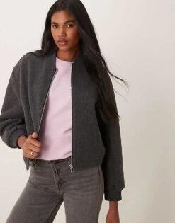 New Look Front Zip Bomber Jacket In Dark Grey For Women
