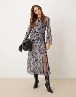New Look Chiffon Midi Dress In Grey Pattern For Women