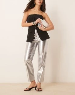 New Look Metallic PU Trousers In Pewter For Women Silver