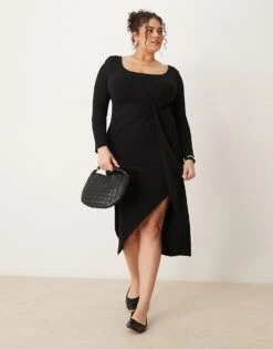New Look Plus New Look Curve Long Sleeve Knot Front Midi Dress In Black For Women 01-black | 1