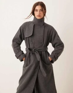 New Look Tie Waist Funnel Neck Coat In Grey For Women