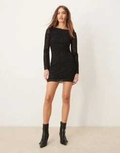 New Look Flocked Leopard Mesh Long Sleeve Mini Dress In Black For Women