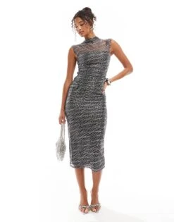 New Look Mesh Sleeveless Midi Dress In Pewter For Women Silver