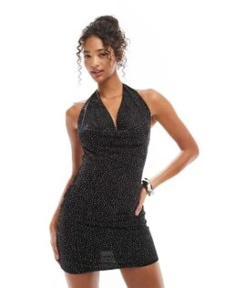 New Look Hotfix Halter Mini Dress In Black For Women
