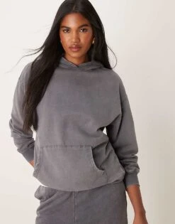 New Look Hoodie In Acid Wash Grey For Women Charcoal