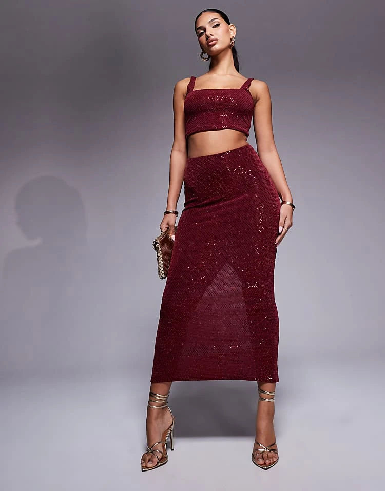 New Look Sequin Midi Skirt Co-ord In Burgundy - Image 4