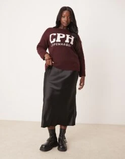 New Look Plus New Look Curve Satin Bias Midi Skirt In Black For Women