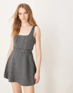 New Look Pinstripe Belted Pinny Dress In Grey For Women