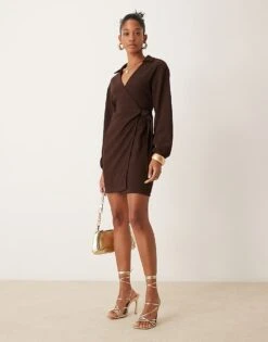 New Look Wrap Mini Dress With Collar In Brown For Women
