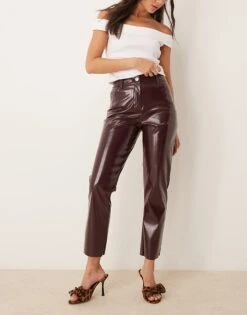 New Look Straight Leg Vinyl Trousers In Burgundy For Women