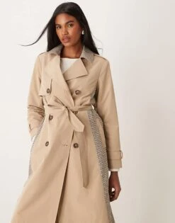 New Look Check Mix Trench Coat In Stone For Women