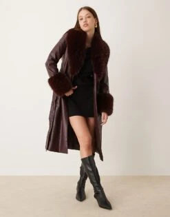 New Look Faux Fur Trim Coat In Burgundy For Women