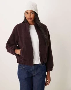 New Look Textured Oversized Bomber Jacket In Burgundy For Women