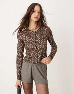 New Look Tissue Mesh Cardigan In Leopard Print For Women 29-brown Pattern