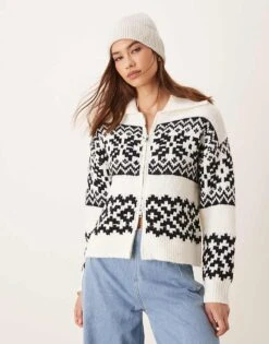 New Look Fairisle Zip Through Cardigan In White For Women