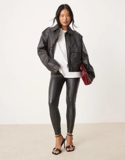 New Look Petite PU Front Seam Leggings In Black For Women