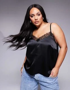 New Look Plus New Look Curve Lace Trim Cami In Black For Women