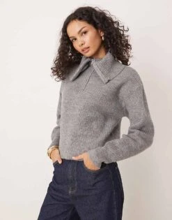 New Look Oversized Collar Half Zip Jumper In Grey For Women