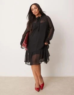 New Look Plus New Look Curve Bow Chiffon Mini Dress In Black For Women